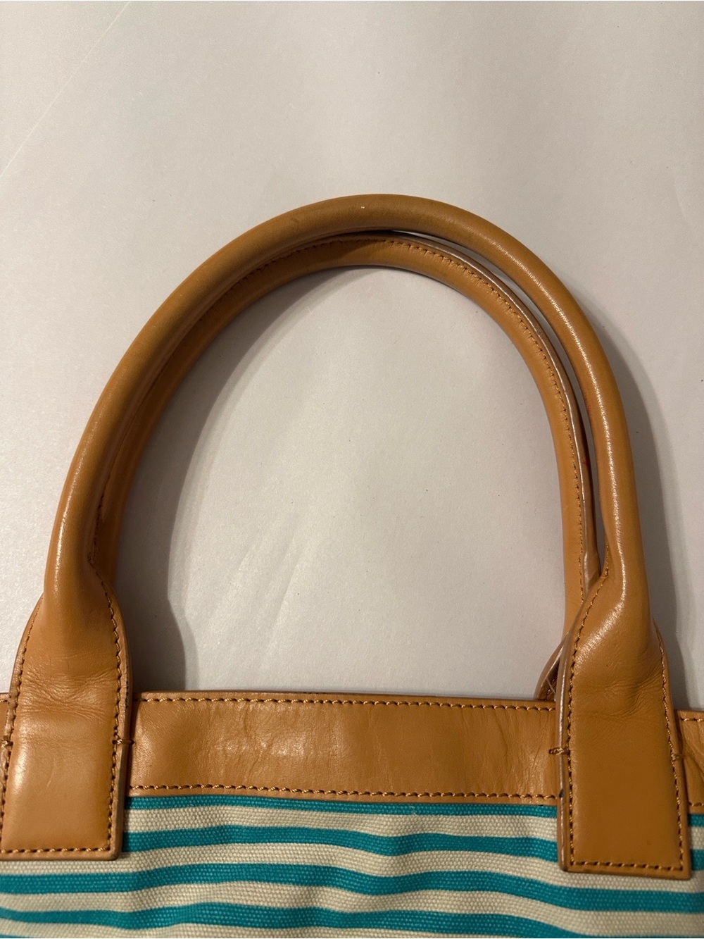 Tory Burch Teal and Cream Striped Canvas Small Sophia Tote with Tan Leather Trim - Picture 11 of 16